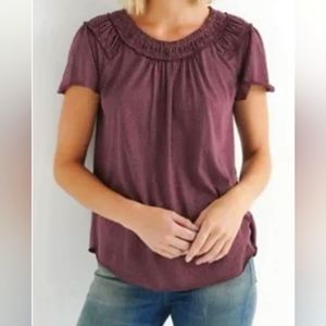 Lucky Brand Top, Size M, Wine with Tan Dots, Short Sleeves, Elastic Neck